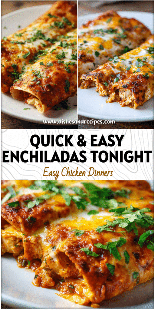Home 32 Baked chicken enchiladas on a white plate with melted cheese and fresh herbs for an easy family dinner recipe
