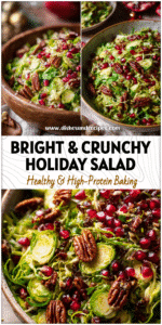 Home 31 Bowl of shaved Brussels sprout salad with pomegranate seeds and candied pecans on a festive table.