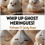 Spooky Halloween Meringue Cookies & Ghost Meringue Treats 5 Close-up of Halloween Meringue Cookies shaped as smiling Ghost Meringues on a festive table.