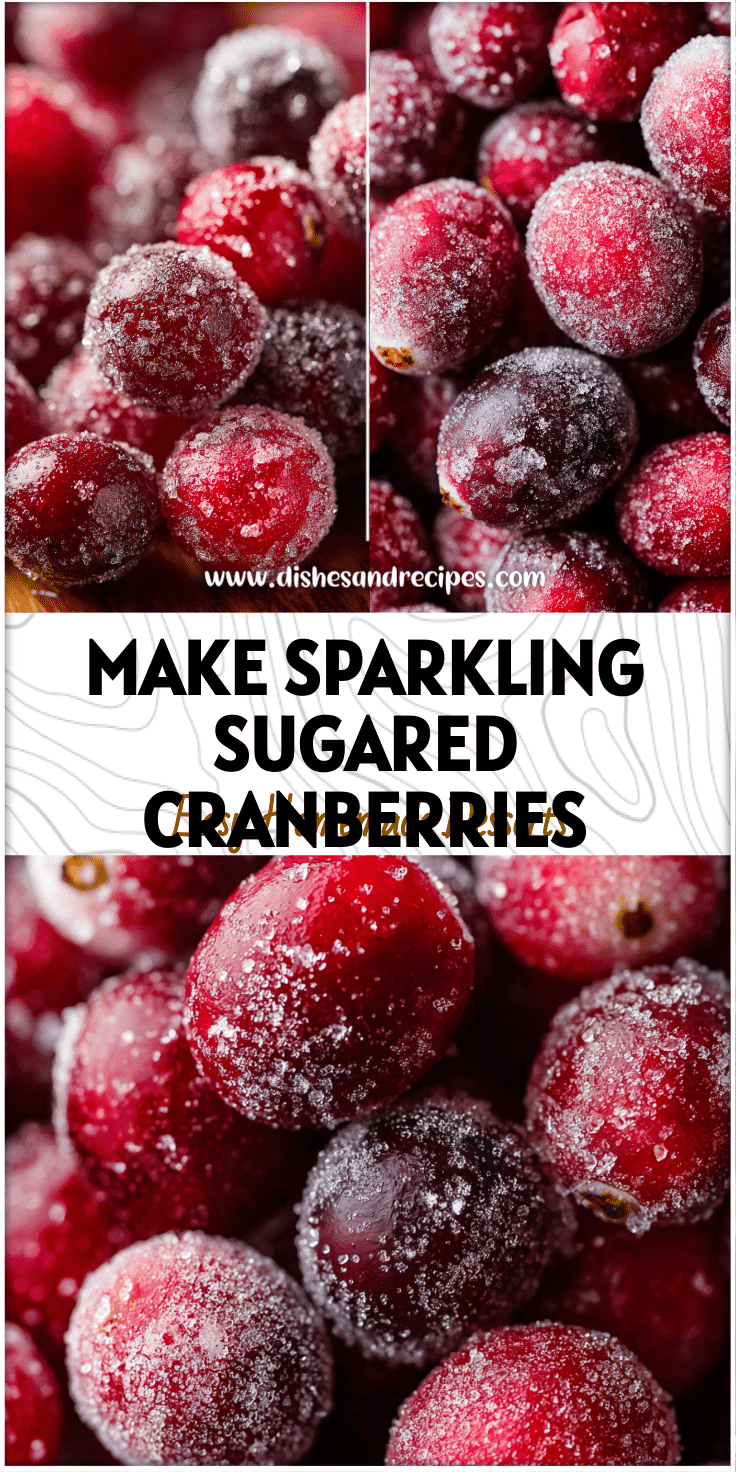 Close-up of homemade sugared cranberries glistening as a festive holiday garnish on a fruit board