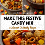 Halloween candy mix with colorful candies, Chex pieces, and Bugles in a festive bowl