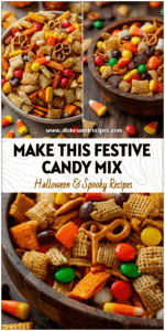 Home 6 Halloween candy mix with colorful candies, Chex pieces, and Bugles in a festive bowl