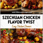 Szechuan and Sweetcorn Fusion: Spicy Chinese Chicken Thigh Magic 5 Close-up of glazed spicy Chinese chicken thighs with red chili flakes and sweetcorn pieces on a rustic plate.