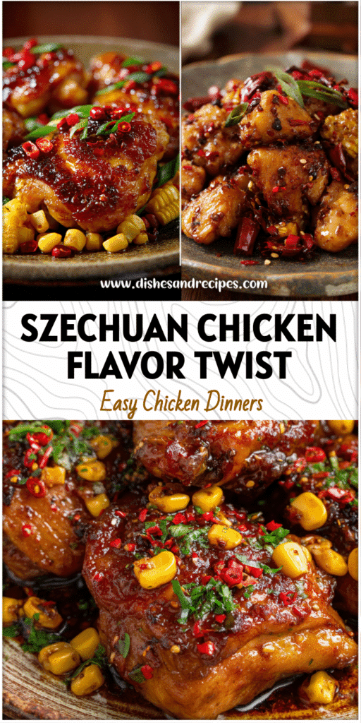 Close-up of glazed spicy Chinese chicken thighs with red chili flakes and sweetcorn pieces on a rustic plate.