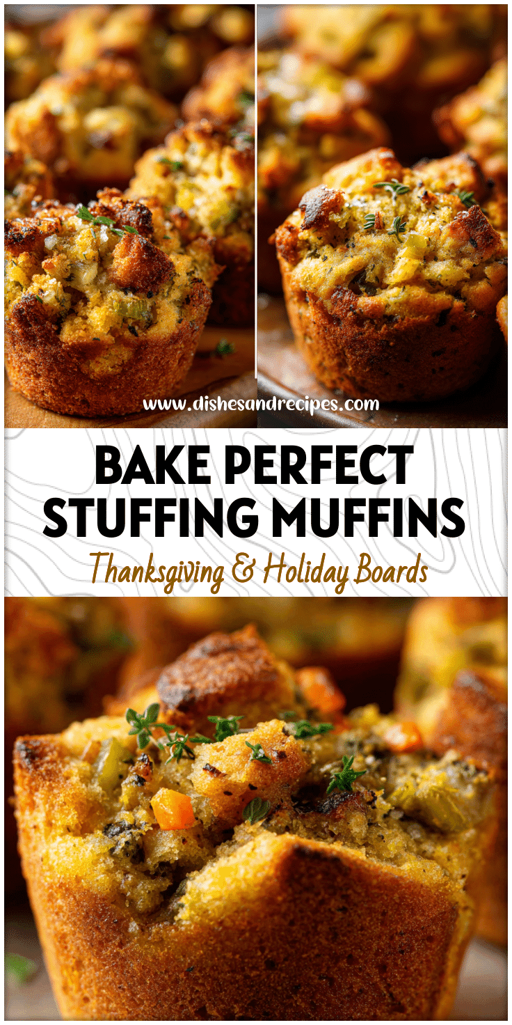 Golden Thanksgiving stuffing muffins baked in a pan with cornbread and vegetable stuffing mix.