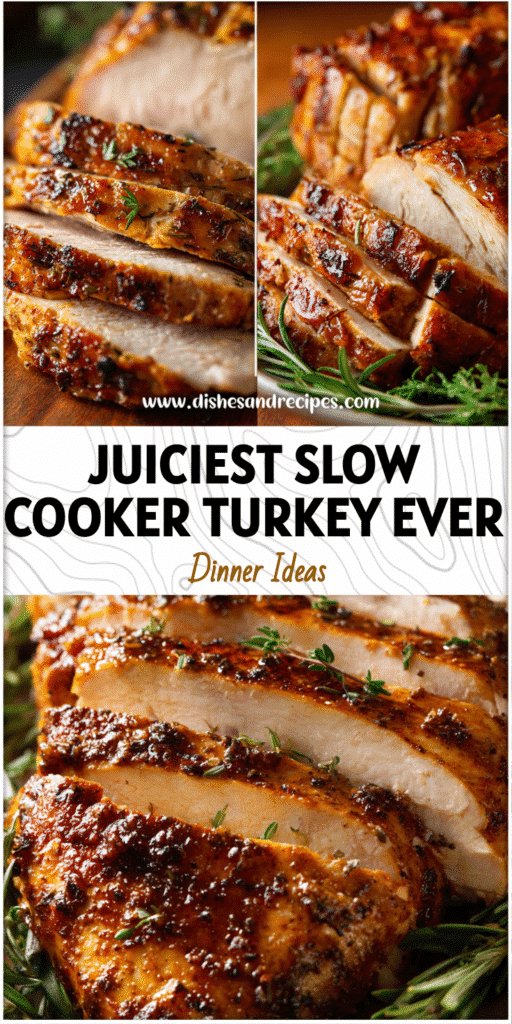 Juicy sliced Slow Cooker Turkey Breast served on a platter for a Thanksgiving dinner.