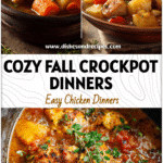 Very Comforting Fall Crockpot Dinner Recipes for Cozy Family Nights 5 Rustic table featuring comforting fall crockpot dinners and easy family-style slow cooker meals.