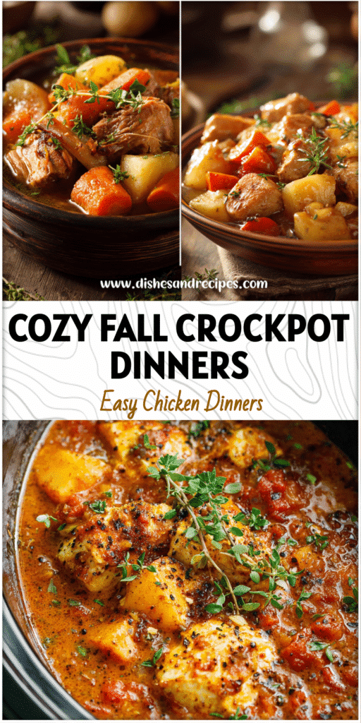 Rustic table featuring comforting fall crockpot dinners and easy family-style slow cooker meals.