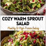 Warm Shaved Brussels Sprout Salad with Lemon Vinaigrette & Pomegranate 5 Warm shaved Brussels sprouts tossed with pomegranate and drizzled lemon vinaigrette served in a rustic bowl.