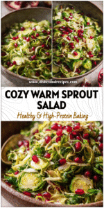 Home 28 Warm shaved Brussels sprouts tossed with pomegranate and drizzled lemon vinaigrette served in a rustic bowl.