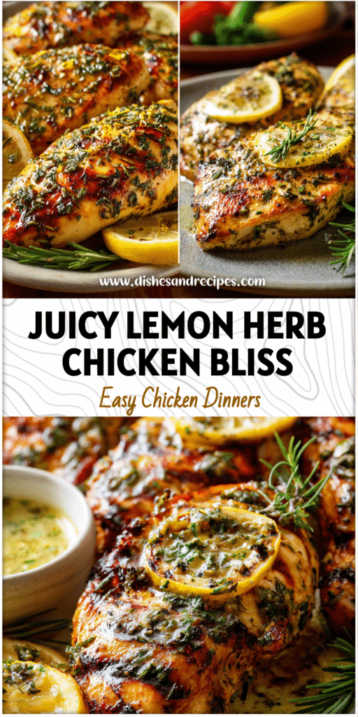 Grilled lemon herb chicken breasts garnished with herbs and lemon slices on a dinner plate.