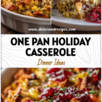 All-In-One Thanksgiving Casserole with Cranberries & Stuffing 5 Golden baked Thanksgiving casserole with stuffing topping and cranberry side dish served in baking dish