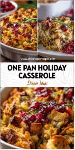 Golden baked Thanksgiving casserole with stuffing topping and cranberry side dish served in baking dish