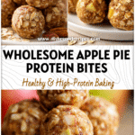 Apple Pie Protein Balls stacked on a white plate showing oats and apple pieces for a clean healthy snack.