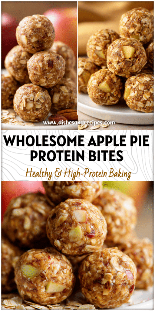 Apple Pie Protein Balls stacked on a white plate showing oats and apple pieces for a clean healthy snack.