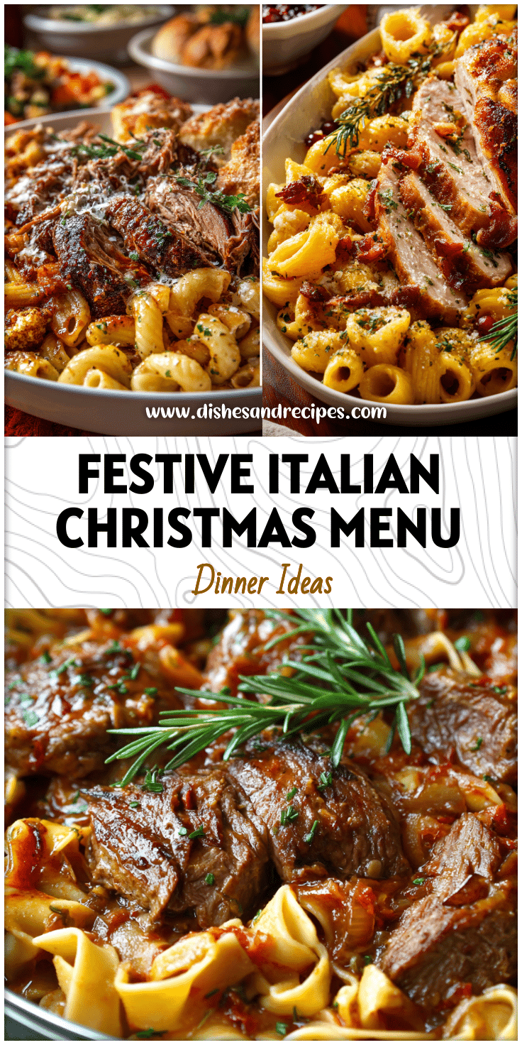 A festive Italian Christmas table filled with pasta, roasted meats, and holiday desserts for an Easy Italian Christmas Dinner.