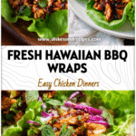 Colorful BBQ chicken lettuce wraps served on a plate with Hawaiian BBQ glaze and fresh greens.