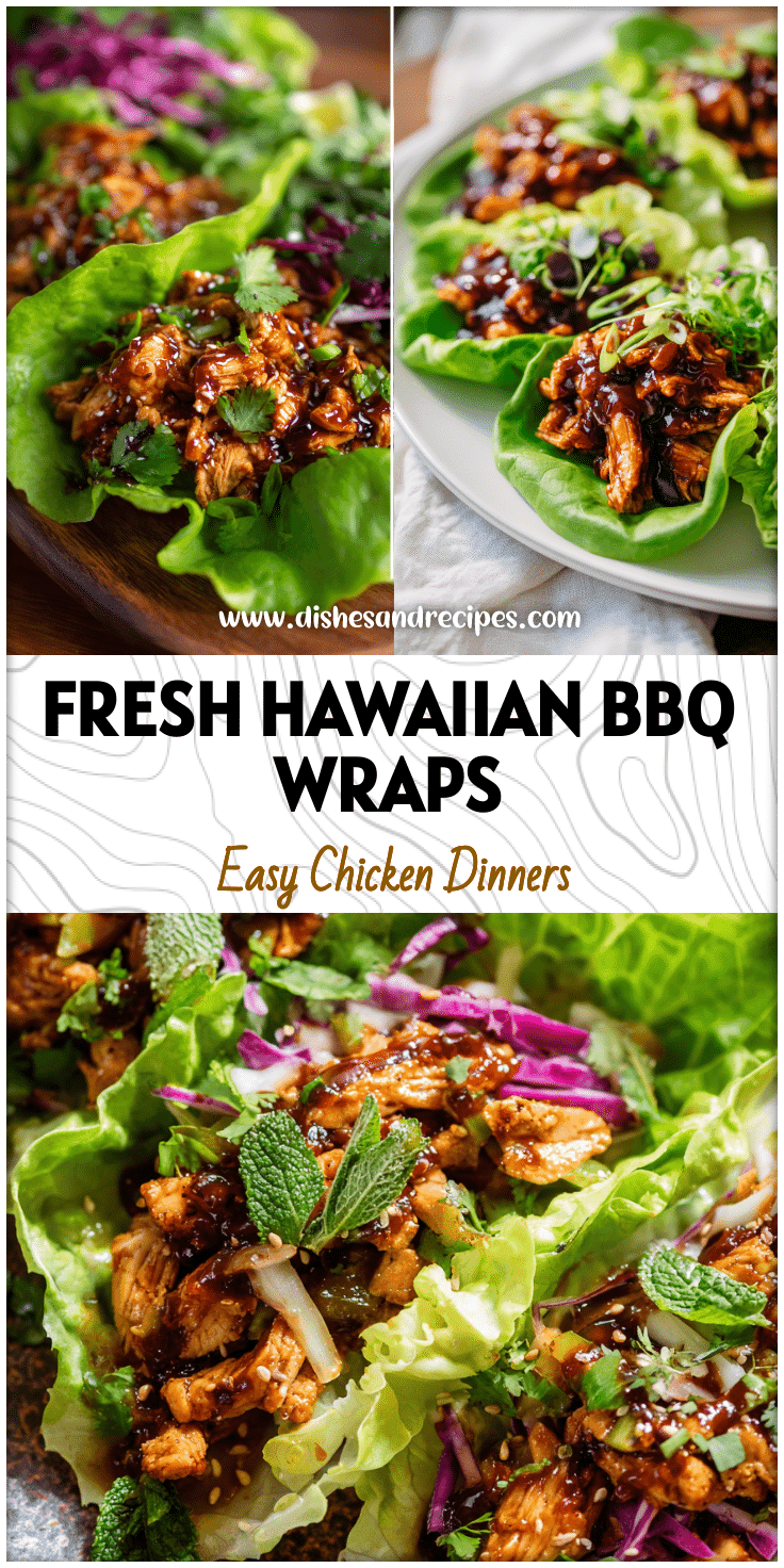 Colorful BBQ chicken lettuce wraps served on a plate with Hawaiian BBQ glaze and fresh greens.