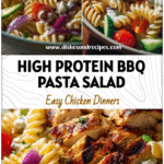 BBQ Chicken Pasta Salad with High Protein Twist 5 Colorful bowl of BBQ chicken pasta salad with grilled chicken, rotini pasta, and fresh veggies.