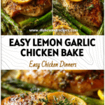 Baked Lemon Garlic Butter Chicken and Asparagus 5 Golden baked chicken breasts with fresh asparagus drizzled in lemon garlic butter sauce.