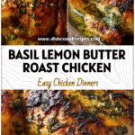 Basil and Herb-Seasoned Roasted Chicken with Lemon Butter 5 Crispy basil and lemon butter roasted chicken served on a tray with herbs and garlic.