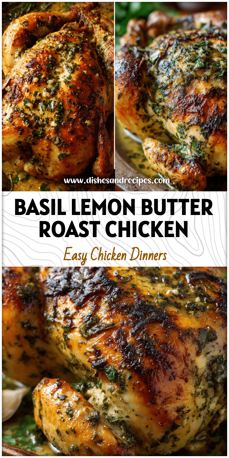 Crispy basil and lemon butter roasted chicken served on a tray with herbs and garlic.