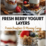 Layered Greek Yogurt Berry Parfait in jars with chia seeds, granola, and jam for a healthy yogurt parfait treat