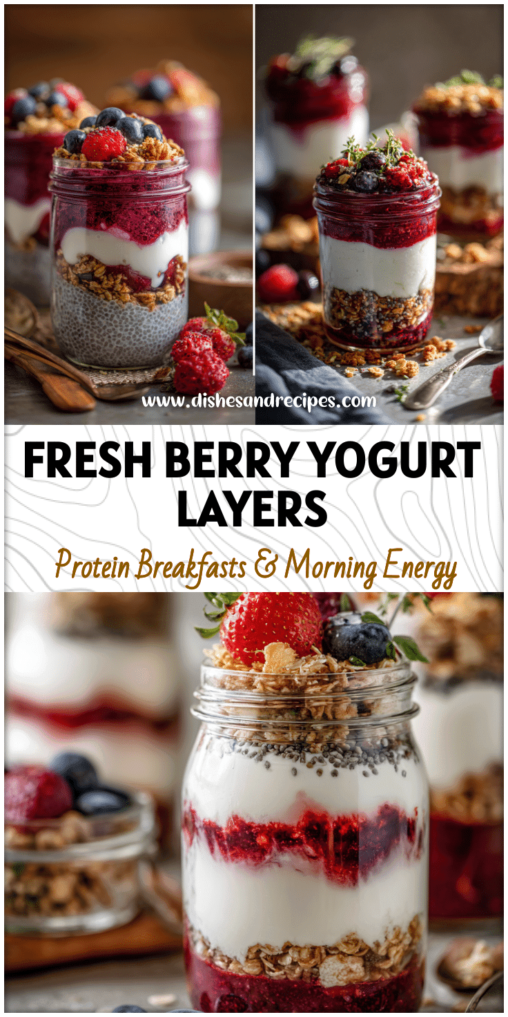 Layered Greek Yogurt Berry Parfait in jars with chia seeds, granola, and jam for a healthy yogurt parfait treat