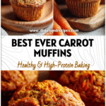 Best Ever Carrot Cake Muffins for a Healthy Breakfast 5 Golden moist carrot cake muffins on a wooden board, ideal for healthy breakfast or freezer-friendly snack.