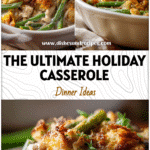 Golden baked casserole with turkey, green beans, and crispy onion topping on a holiday table.