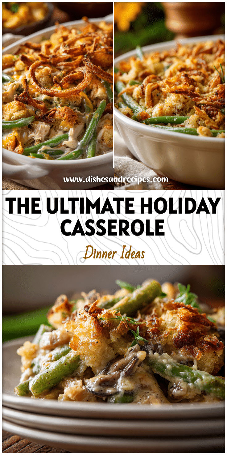 Golden baked casserole with turkey, green beans, and crispy onion topping on a holiday table.