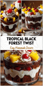 Layered glass dessert with brownies, cherries, cream, and mango highlights for a Black Forest Brownie Trifle.