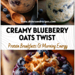 Mason jar filled with creamy blueberry overnight oats topped with fresh fruit and protein-rich toppings.