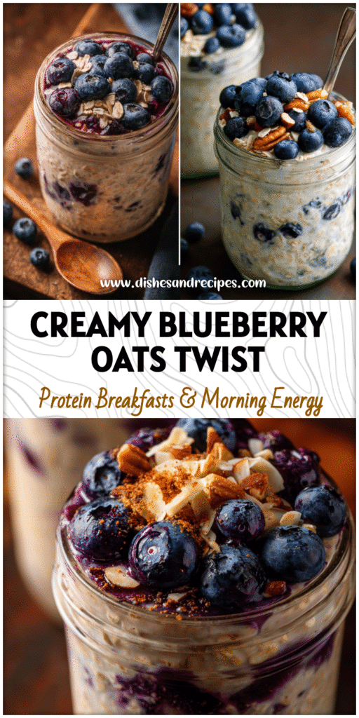 Home 23 Mason jar filled with creamy blueberry overnight oats topped with fresh fruit and protein-rich toppings.