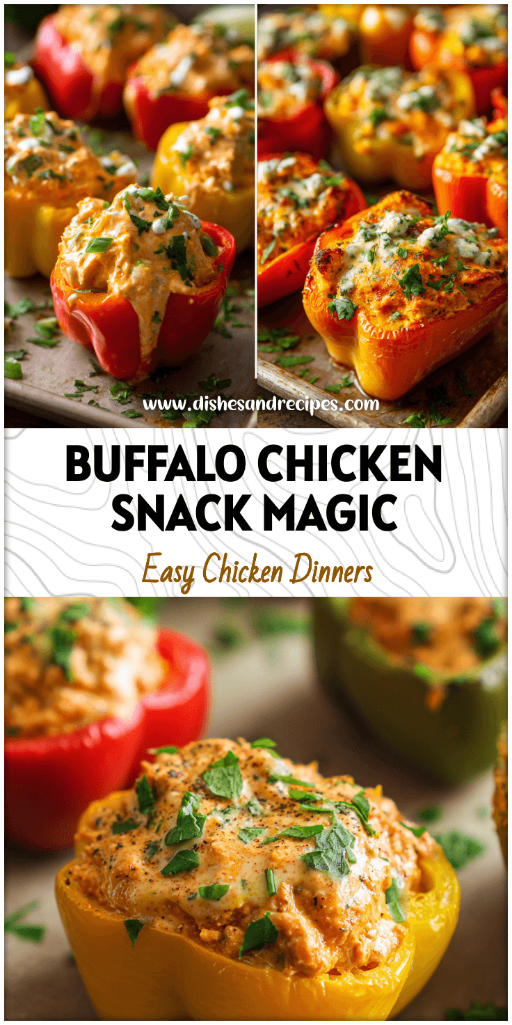 Tray of Buffalo Chicken Stuffed Sweet Peppers topped with sauce and herbs as a colorful stuffed bell peppers snack