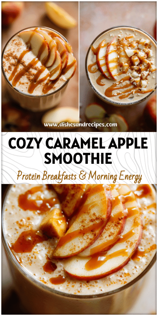 Home 30 Glass of creamy caramel apple protein smoothie topped with apple slices and caramel drizzle.
