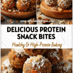 Stack of Carrot Cake Protein Bites topped with shredded coconut and crushed walnuts on a rustic board.