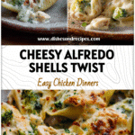 Baked cheesy Chicken Alfredo Stuffed Shells with broccoli and creamy sauce on a rustic plate