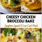 Cheesy Chicken & Broccoli Stuffed Spaghetti Squash 5 Golden baked spaghetti squash stuffed with cheesy chicken and broccoli filling served on a white plate.