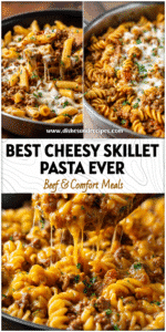 Close-up of a cheesy ground beef pasta skillet with melted cheese and hearty beef sauce in a pan