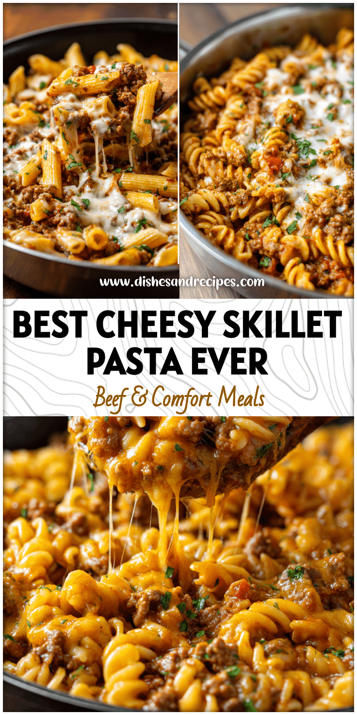 Close-up of a cheesy ground beef pasta skillet with melted cheese and hearty beef sauce in a pan