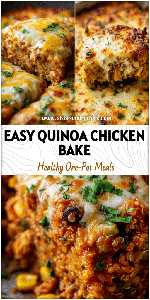Home 19 Baked quinoa chicken burrito dish in one pan with melted cheese and herbs, ideal for healthy chicken quinoa recipes.