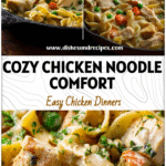Golden Chicken Pot Pie Noodle Skillet filled with noodles, tender chicken, vegetables, and creamy sauce.