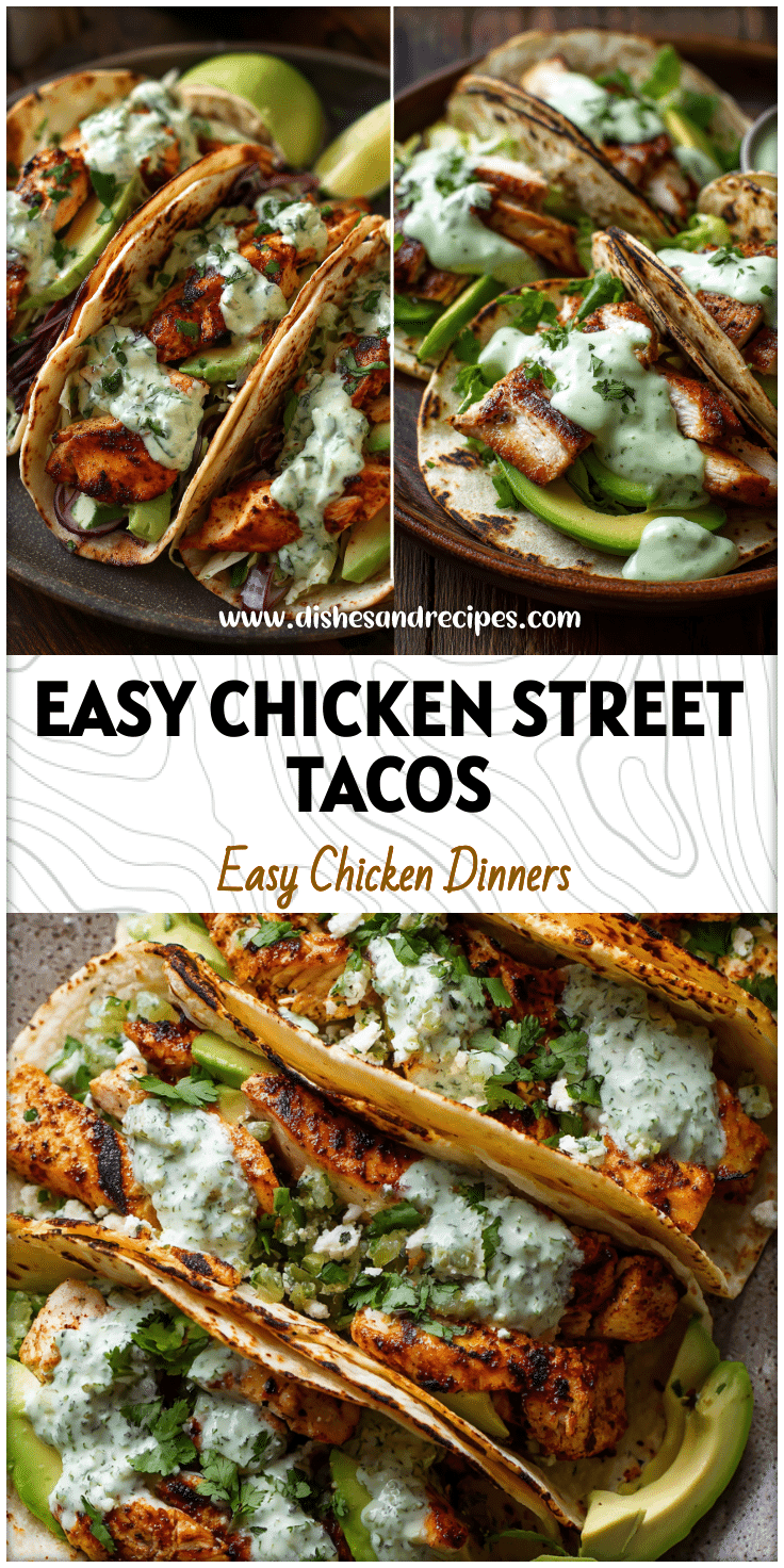 Grilled Chicken Street Tacos with Avocado slices and creamy Cilantro Lime Sauce on a rustic plate.