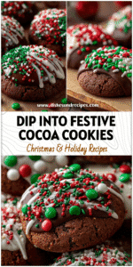 Chocolate-dipped Hot Cocoa Cookies decorated with red and green sprinkles for a Christmas party setting.