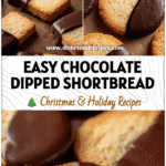 Golden shortbread cookies half dipped in glossy chocolate arranged on a baking tray.