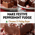 Close-up of creamy Chocolate Peppermint Fudge cut into squares on a holiday plate with red and white swirls.