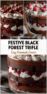 Home 5 Layered Black Forest Trifle with chocolate cake, cherry compote, and whipped cream in a glass bowl.