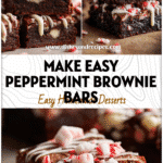 Close-up of peppermint bark desserts showing chewy brownie bars with white chocolate drizzle and candy cane bits.