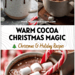 Two mugs of hot cocoa with candy canes and marshmallows styled as Christmas hot chocolate.